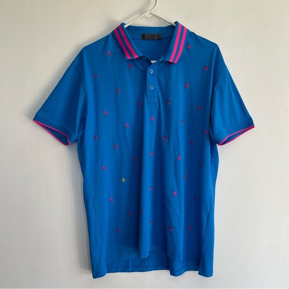 G/FORE Embroidered Piqué Golf Polo Shirt Blue Neon Pink Skull Striped Collar L - Picture 5 of 14